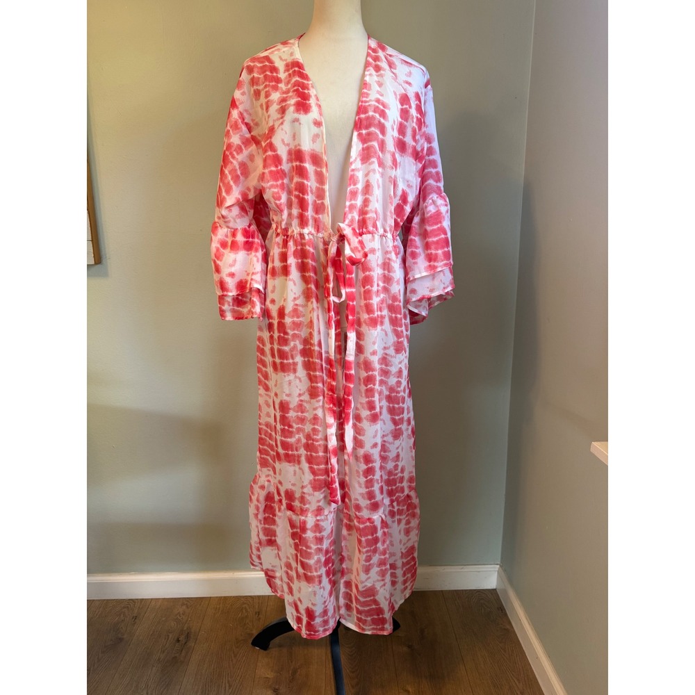 Pink White Tie Dye Kimono Duster Ruffle maxi coverup sheer beach resort tiedye y